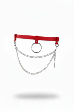 Red Faux Leather Waist Harness with Draped Silver Chains and O-Ring