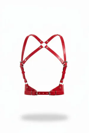 Red Faux Leather Chest Harness with X-Back Straps Adjustable