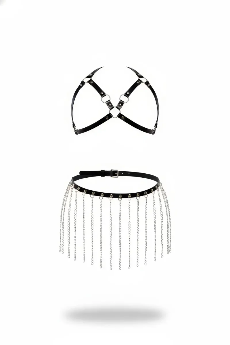 Black faux leather chest harness and chain fringe skirt set