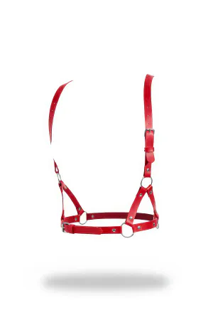 Red Faux Leather O-Ring Chest Harness Adjustable Straps Silver Hardware