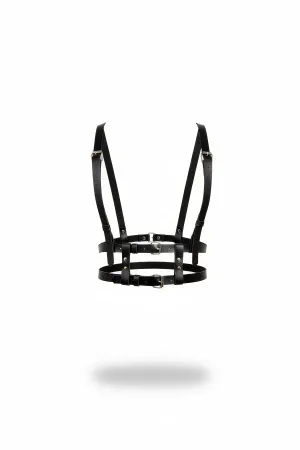 Minimalist Faux Leather Chest Harness Black Adjustable Straps Silver Buckles