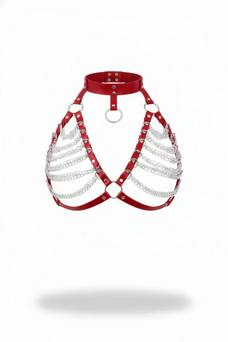 Red Faux Leather Chain Draped Chest Harness with Choker, Silver Hardware