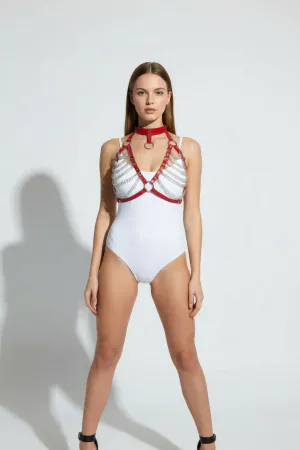 Red Faux Leather Chest Harness with Choker and Draping Chains