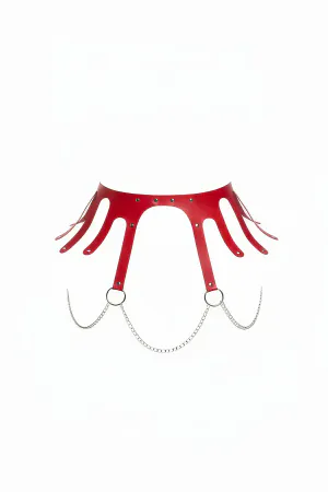 Red Faux Leather Waist Harness with Draped O-Ring Chain Petal Extensions
