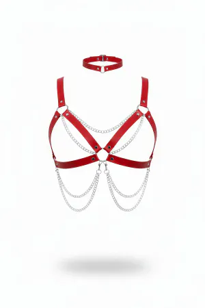 Red faux leather body harness with silver chains and matching choker