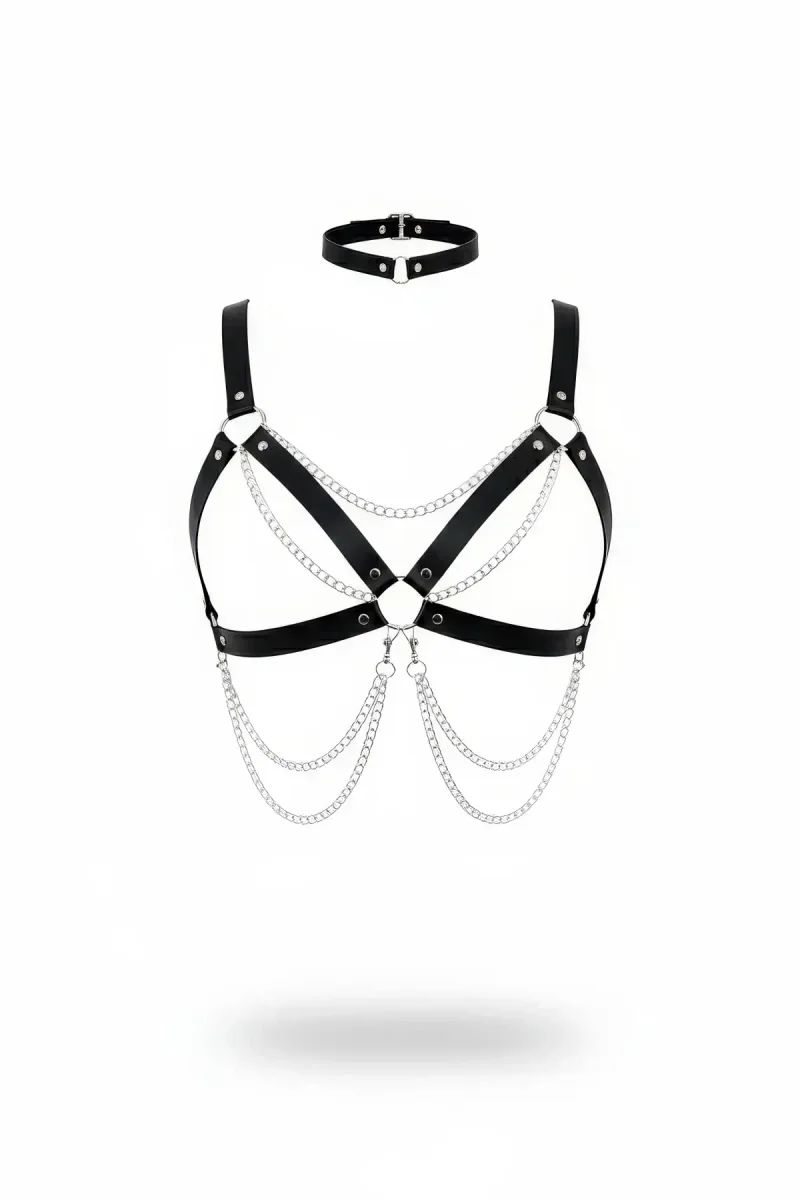 Black faux leather strappy chain detail chest harness and matching choker set
