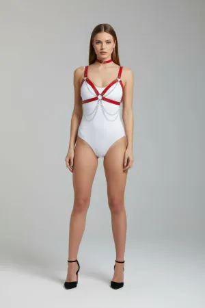 Red Faux Leather Strappy Chest Harness with Draped Silver Chains and O-Rings