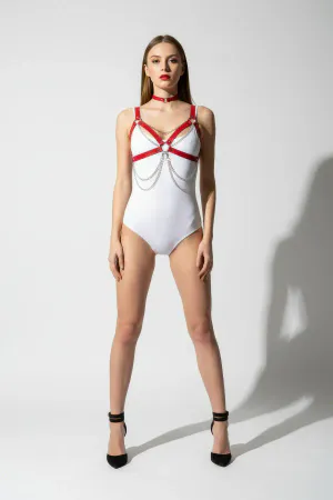 Red Faux Leather Strappy Chest Harness with Draped Silver Chains and O-Rings
