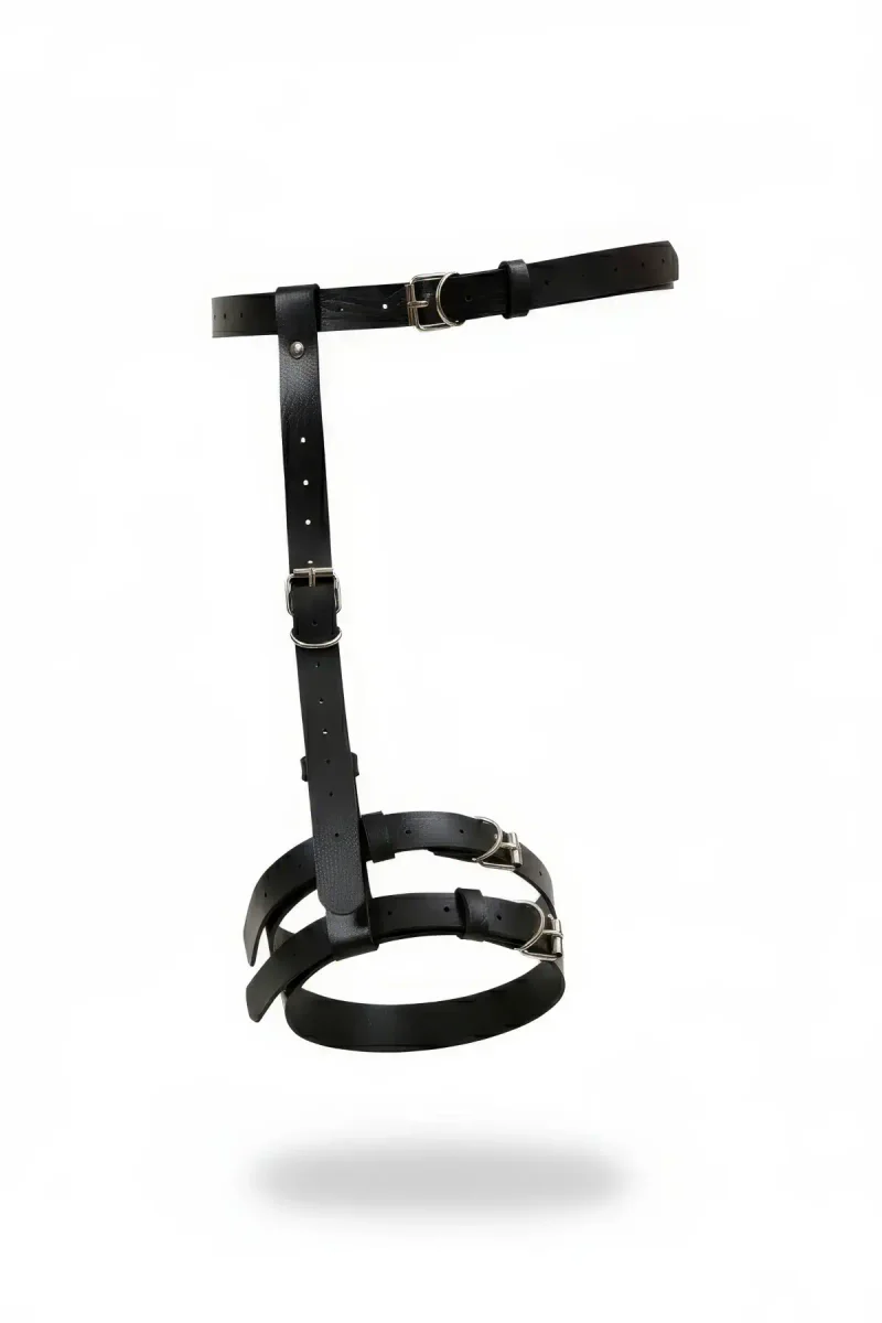 Siyah jartiyer harness tek bacak destekli deri benzeri malzeme metal tokalı