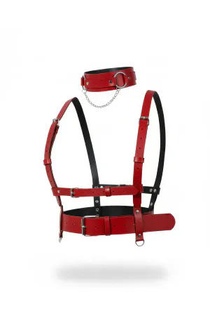Red Faux Leather Chest Harness with O-Ring Choker and Chain