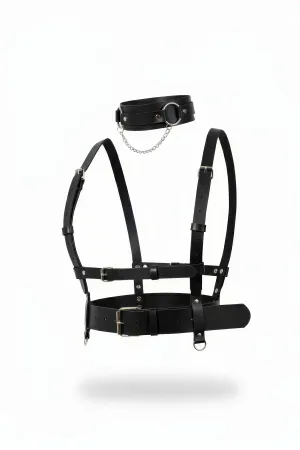 Black Faux Leather Body Harness with O-Ring Choker Set