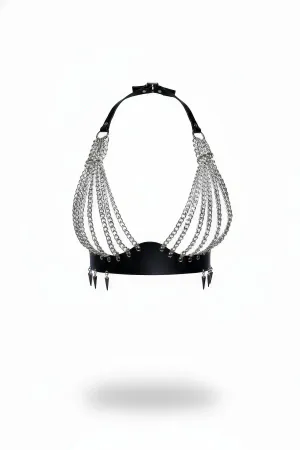 Black Faux Leather Chest Harness with Silver Chain Bra and Spikes