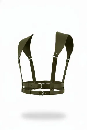 Khaki Faux Leather Sculptural Chest Harness Adjustable Straps
