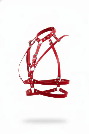 Red Faux Leather Chest Harness with Studded Choker O-Ring Hardware
