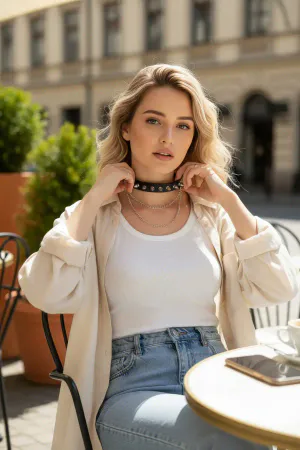 Siyah Choker Zımba Detaylı Deri Kolye - APFT975