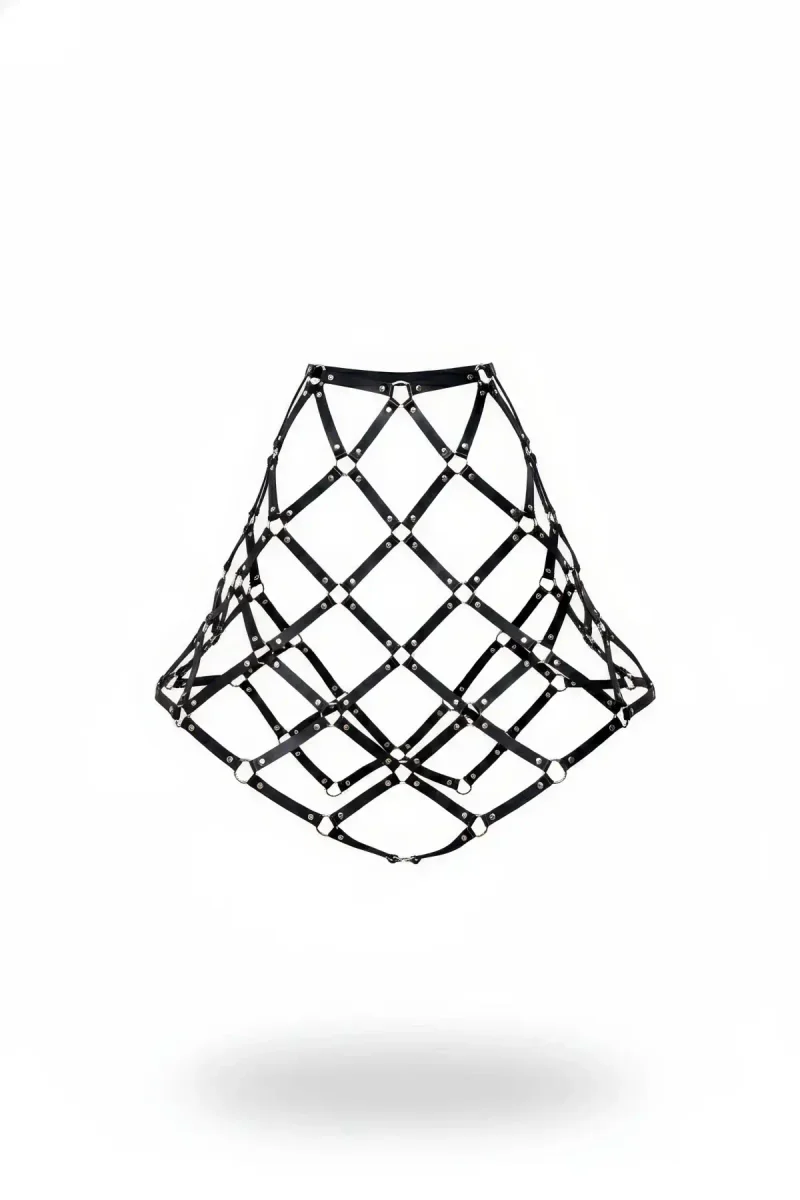 Black Faux Leather Diamond Lattice Cage Skirt Harness with Silver Studs