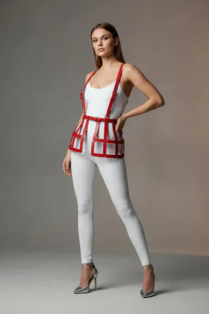 Kırmızı Etek Deri Kafes Detaylı Etek Yüksek Bel Etek Korse - APFT983