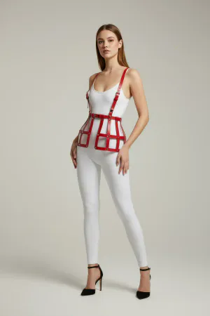 Kırmızı Etek Deri Kafes Detaylı Etek Yüksek Bel Etek Korse - APFT983