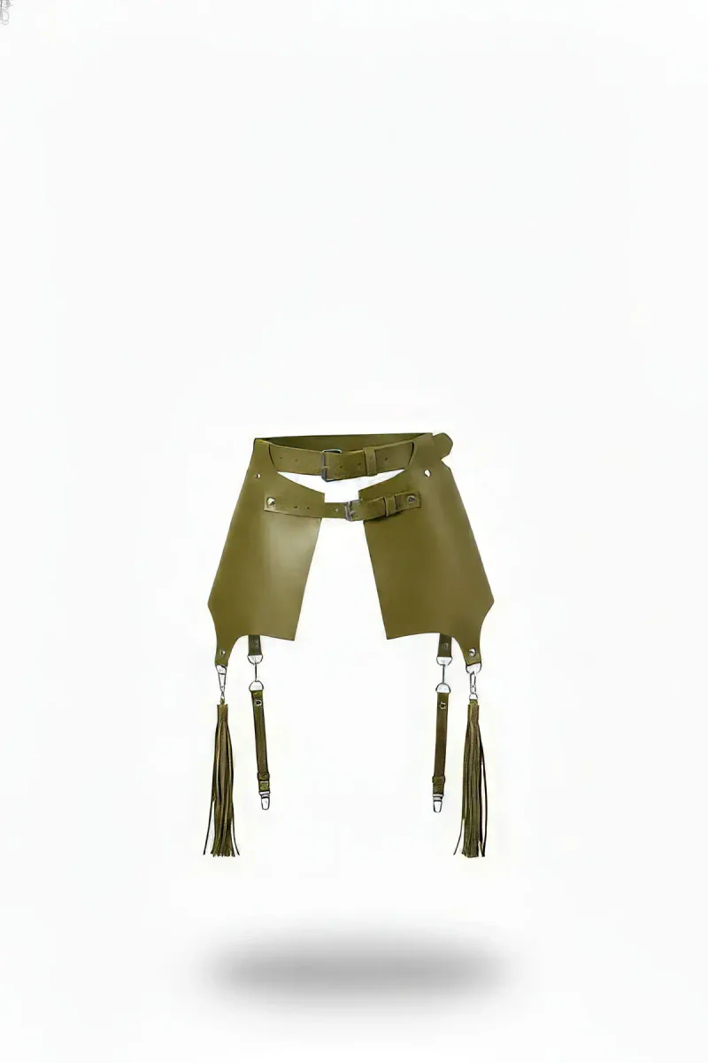 Olive green paneled faux leather waist harness with detachable tassel garters