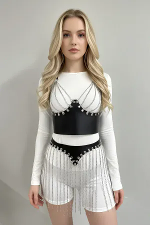 Gümüş Etek Zincir Detaylı Etek Püsküllü Mini Etek Parti Kıyafeti - APFT994