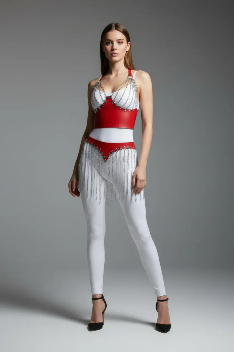 Red faux leather body harness close-up with silver chain fringe and white embellishments