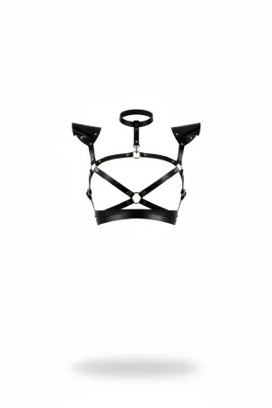 Black Faux Leather Choker Harness Top with Structured Shoulder Pads