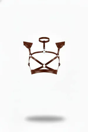 Dark Brown Faux Leather Chest Harness with Shoulder Wing Details and Choker