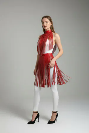 Kırmızı Etek Püsküllü Suni Deri Etek Yüksek Bel Etek - APFT997