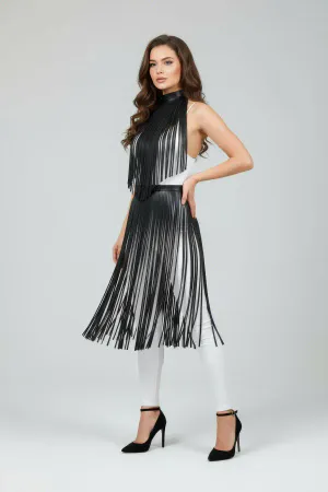 Siyah Etek Deri Şerit Detaylı Etek Yüksek Bel Etek - APFT997