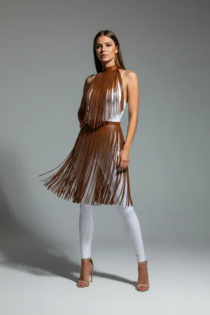 Kahverengi Etek Püskül Detaylı Etek Yüksek Bel Etek - APFT997