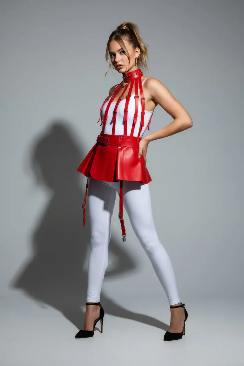 Red faux leather integrated harness top with flared mini skirt, model wearing black heels and white leggings.