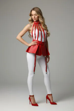 Kırmızı Etek Suni Deri Etek Yüksek Bel Etek Kloş Mini Etek - APFT998