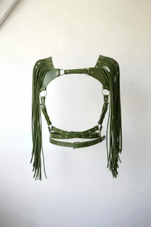 Khaki Fringed Vegan Leather Body Harness with Shoulder Tassels and O-Rings