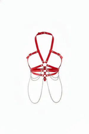 Red Faux Leather Open Bust Halter Harness with Draping Silver Chains