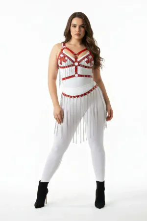 Büyük Beden Beyaz Etek Zincir Detaylı Deri Vücut Aksesuarı - APFT496