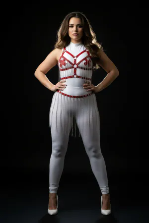 Büyük Beden Beyaz Etek Zincir Detaylı Deri Vücut Aksesuarı - APFT496