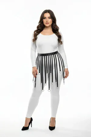 Büyük Beden Siyah Deri Harness Etek Metal Halkalı Fantazi Kombin - APFT579