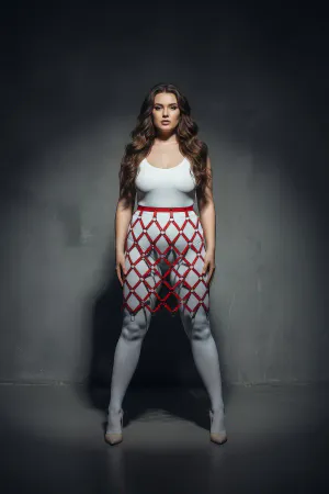 Büyük Beden Kırmızı Deri Etek Kafes Tasarımlı Fantazi Harness - APFT694