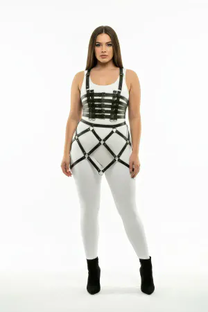 Büyük Beden Siyah Etek Kafes Detaylı Deri Harness Aksesuar - APFT785