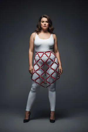 Büyük Beden Kırmızı Deri Etek Harness Kafes Örgü Tasarımlı Vücut Aksesuarı - APFT982