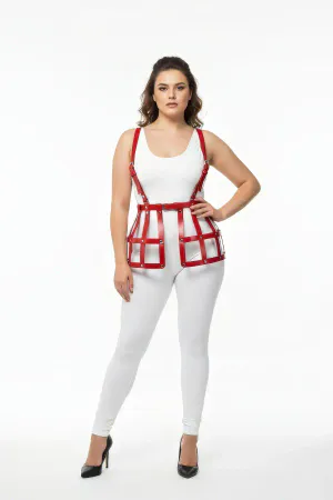 Büyük Beden Kırmızı Deri Etek Harness Detaylı Fantazi Vücut Aksesuarı - APFT983