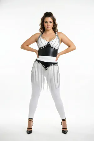 Büyük Beden Siyah Etek Deri Görünümlü Zincir Saçak Detaylı - APFT994