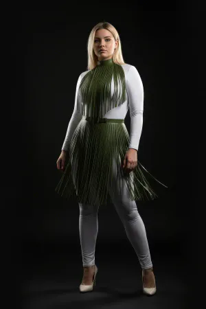 Büyük Beden Haki Deri Püskül Detaylı Uzun Etek - APFT997