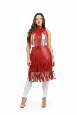 Büyük Beden Kırmızı Deri Etek Yüksek Bel Püskül Detaylı - APFT997