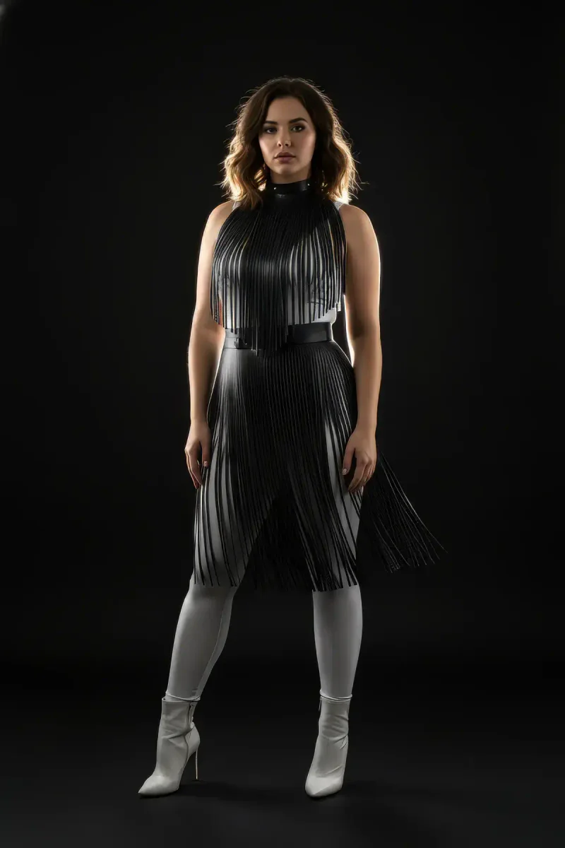 Black vegan leather fringe harness dress with high neck and pleated skirt