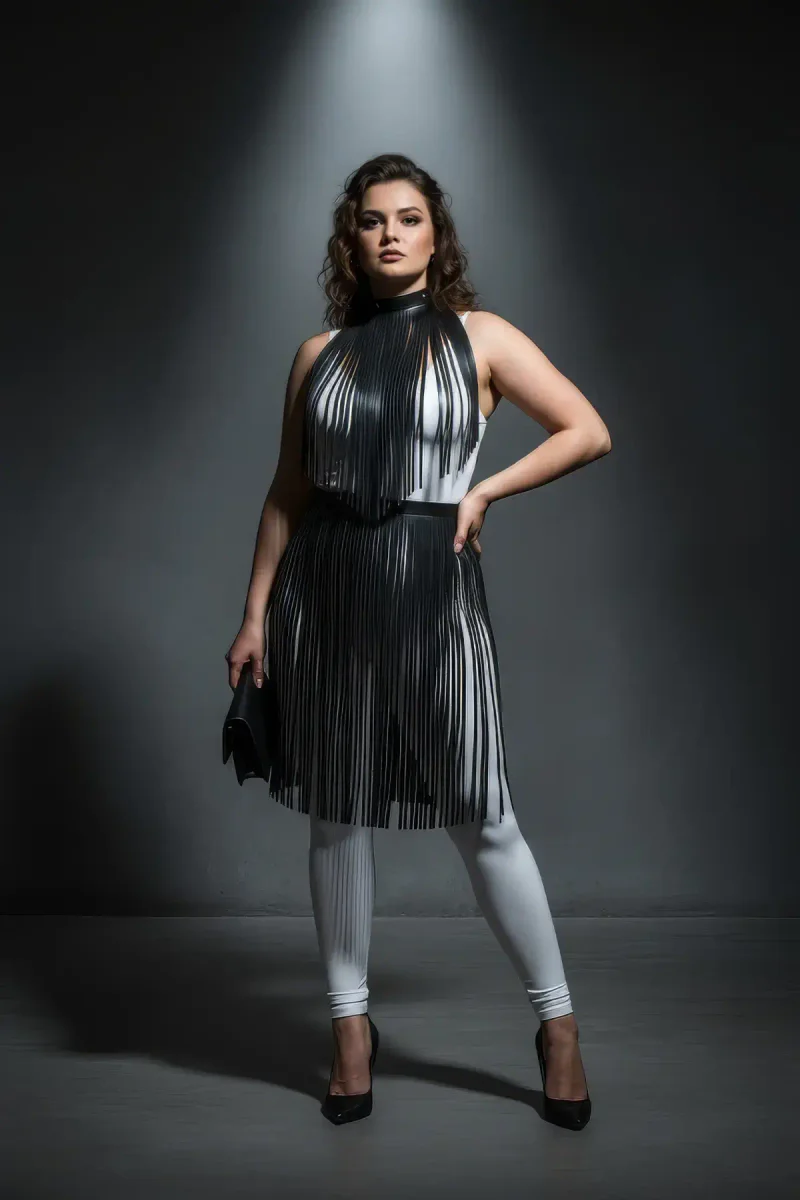 Model wearing black fringe harness dress layered over white top and leggings