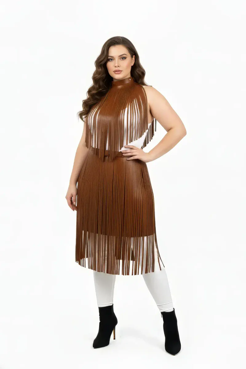 Brown Faux Leather Fringe Top Close-up Neck Detail