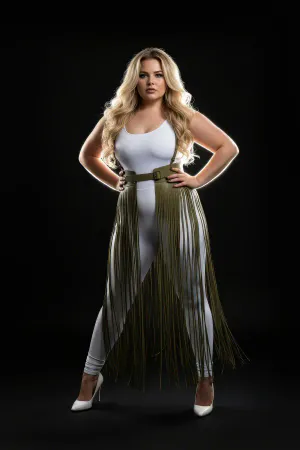 Büyük Beden Haki Deri Püskül Detaylı Yüksek Bel Etek - APFT1003