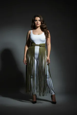 Büyük Beden Haki Deri Püskül Detaylı Yüksek Bel Etek - APFT1003