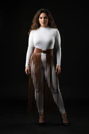 Büyük Beden Kahverengi Etek Uzun Püsküllü Deri Aksesuar - APFT1003